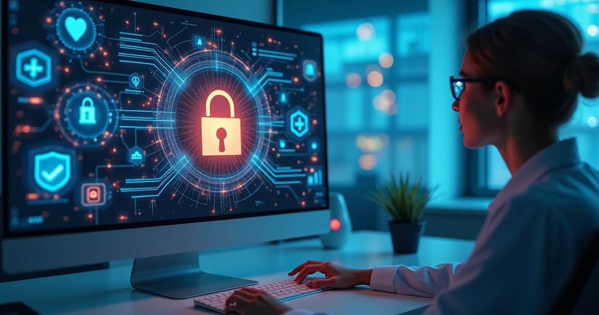 Tela de computador com cadeado digital e ícones de segurança 
