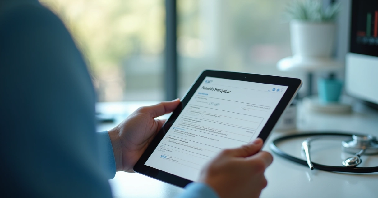 Médico usando tablet para fazer prescrição digital 